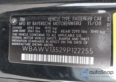 2009 BMW 328I z USA, uszkodzony, nr VIN WBAWV13529P122255